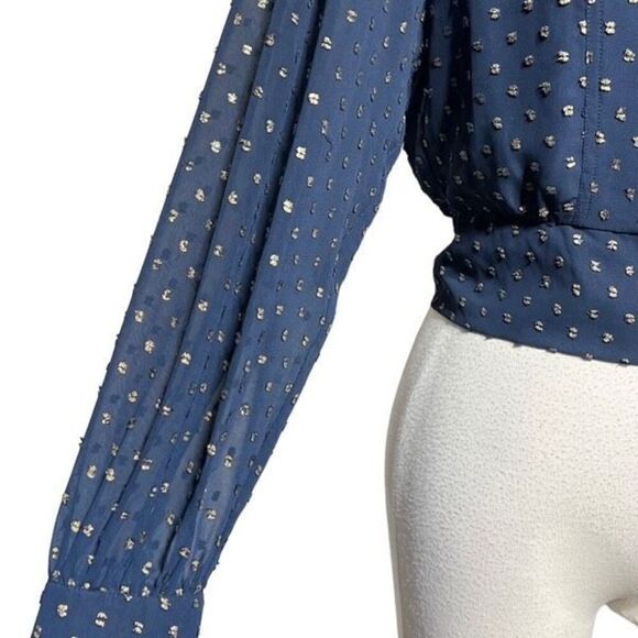 Mestiza New York Polka Dot Cropped Chiffon Puff Sleeve Size 4 Navy and Gold - Picture 3 of 5